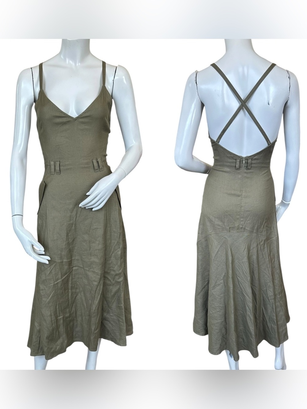 A.L.C. FRANK Olive Green Linen Blend Fit & Flare Linen Blend Cross Back Dress 0